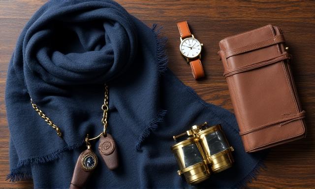 Luxury cashmere wrap and high-end binoculars on a dark wood table