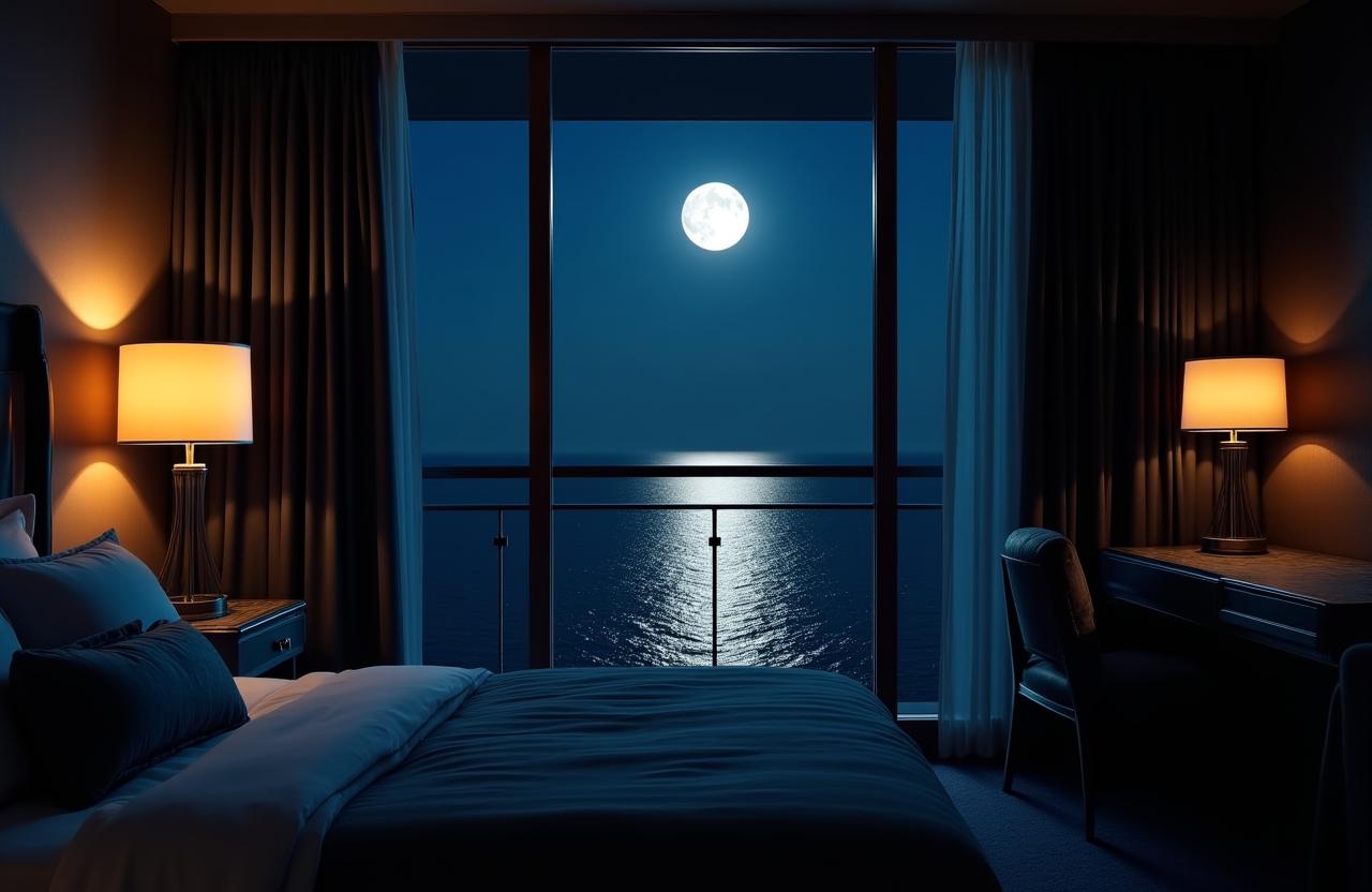 Luxury stateroom at night with moonlit ocean view