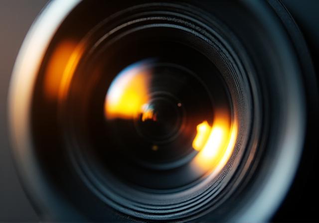 Close-up of a high-end camera lens reflecting ambient golden light